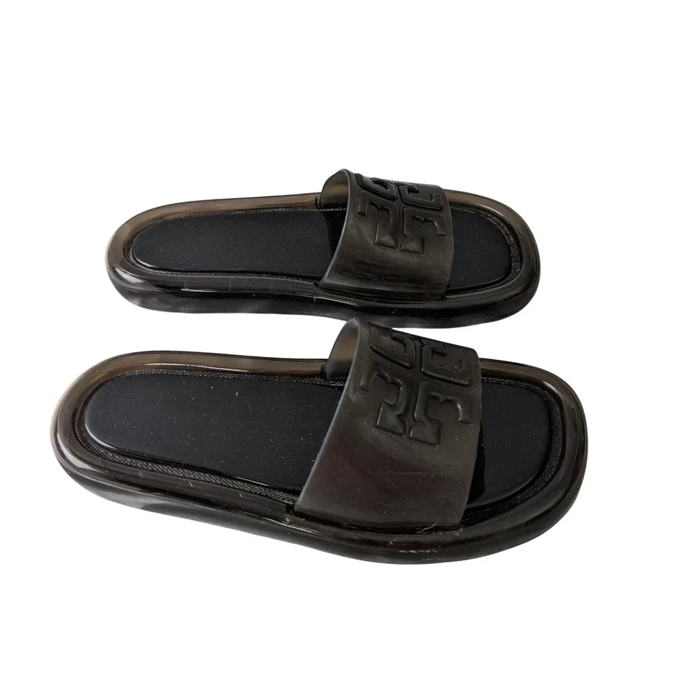 Tory Burch Bubble Jelly Slide Sandal Black‎ Womens Size 6B Double T Logo Slip On